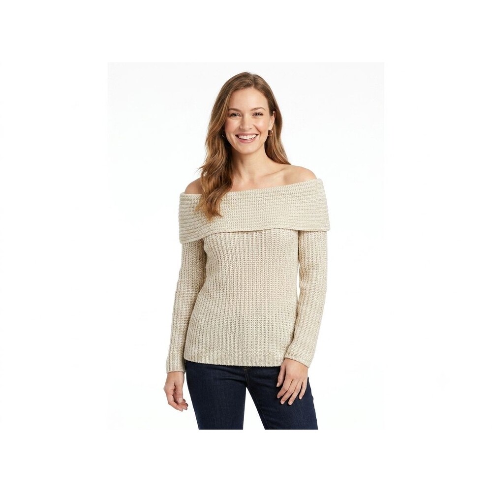 WHBM Off The Shoulder Cowl Neck Sweater Ribbed Metallic Gold Cream Womens Size M